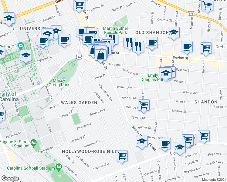 map of restaurants, bars, coffee shops, grocery stores, and more near 329 Harden Street in Columbia