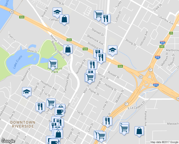 map of restaurants, bars, coffee shops, grocery stores, and more near 2452 Wilshire Street in Riverside