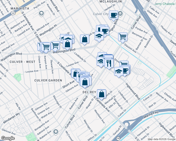 map of restaurants, bars, coffee shops, grocery stores, and more near 4439 Lindblade Drive in Los Angeles