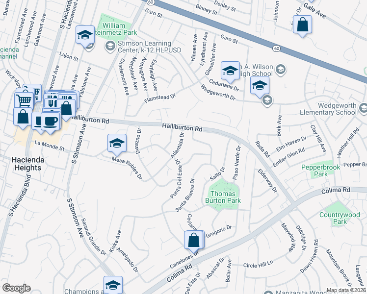 map of restaurants, bars, coffee shops, grocery stores, and more near 1940 Atlantida Drive in Hacienda Heights
