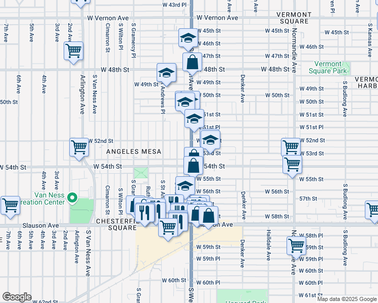 map of restaurants, bars, coffee shops, grocery stores, and more near 5221 South Western Avenue in Los Angeles