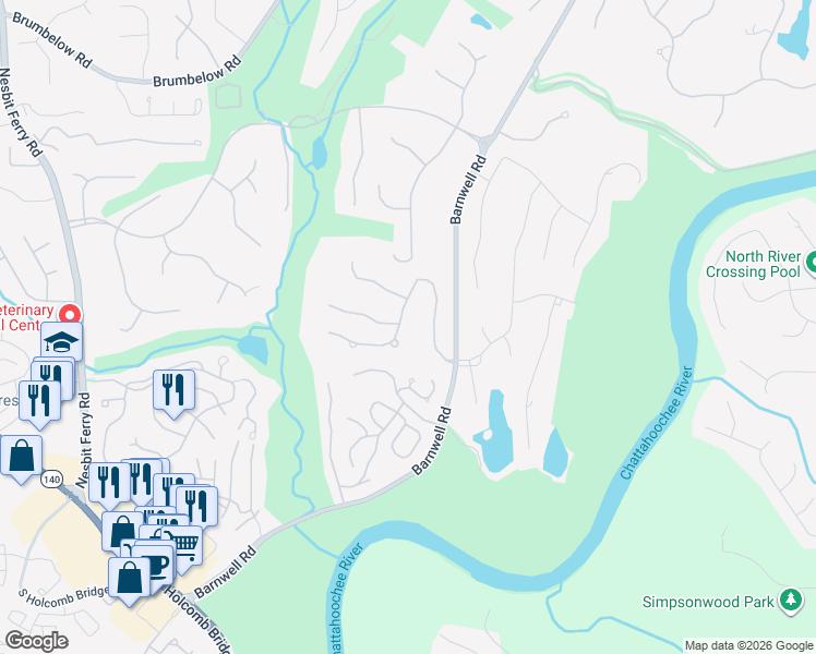 map of restaurants, bars, coffee shops, grocery stores, and more near 130 Fairway Ridge Dr in Alpharetta