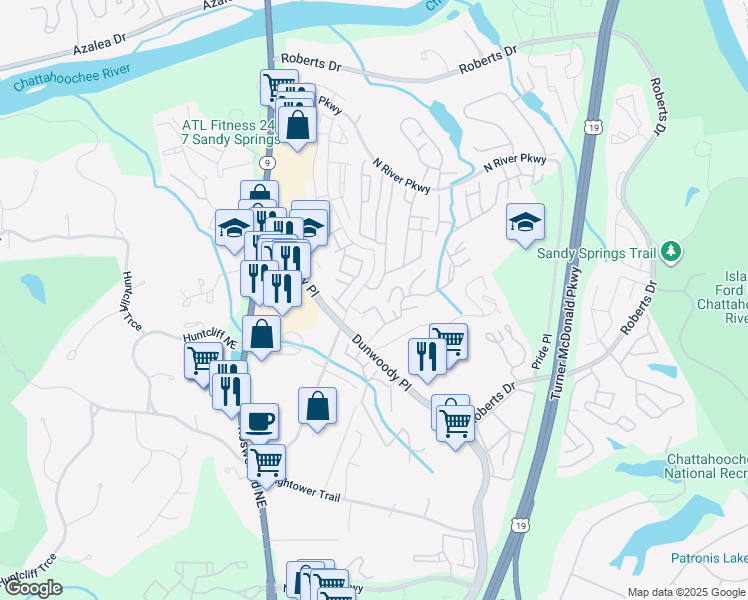 map of restaurants, bars, coffee shops, grocery stores, and more near 2 Cedar Run in Sandy Springs