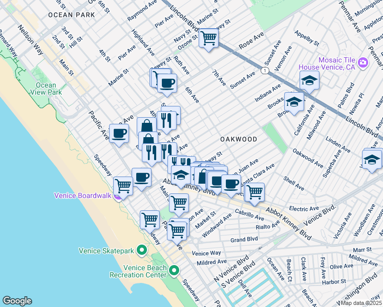map of restaurants, bars, coffee shops, grocery stores, and more near 419 Brooks Avenue in Los Angeles