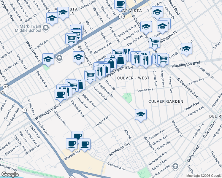 map of restaurants, bars, coffee shops, grocery stores, and more near 4055 Moore Street in Los Angeles