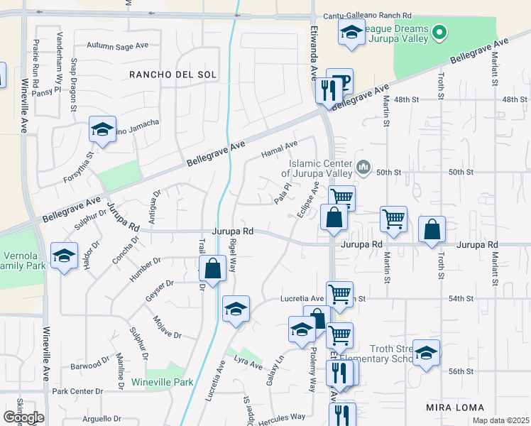 map of restaurants, bars, coffee shops, grocery stores, and more near 11236 Pala Place in Jurupa Valley