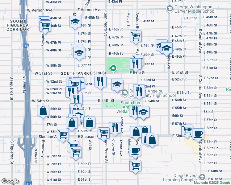 map of restaurants, bars, coffee shops, grocery stores, and more near 331 East 53rd Street in Los Angeles