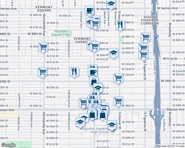 map of restaurants, bars, coffee shops, grocery stores, and more near 5219 Vermont Avenue in Los Angeles