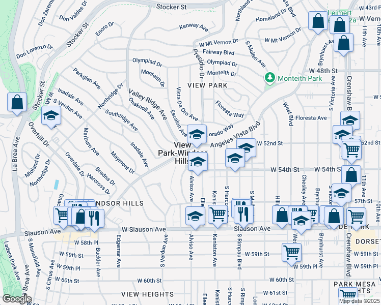 map of restaurants, bars, coffee shops, grocery stores, and more near in View Park-Windsor Hills