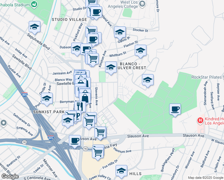 map of restaurants, bars, coffee shops, grocery stores, and more near 11242 Grayridge Drive in Culver City