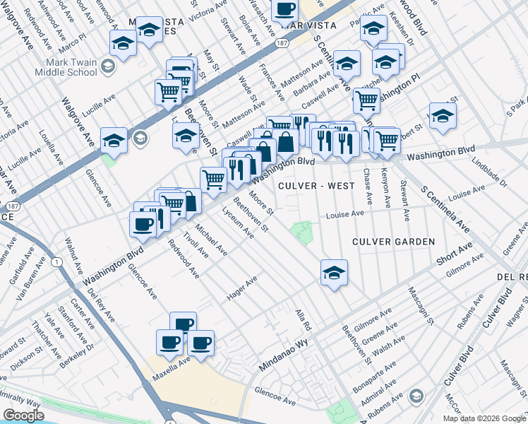 map of restaurants, bars, coffee shops, grocery stores, and more near 4042 Beethoven Street in Los Angeles