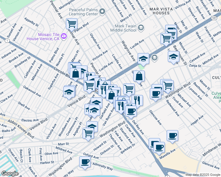 map of restaurants, bars, coffee shops, grocery stores, and more near 2418 Penmar Avenue in Los Angeles