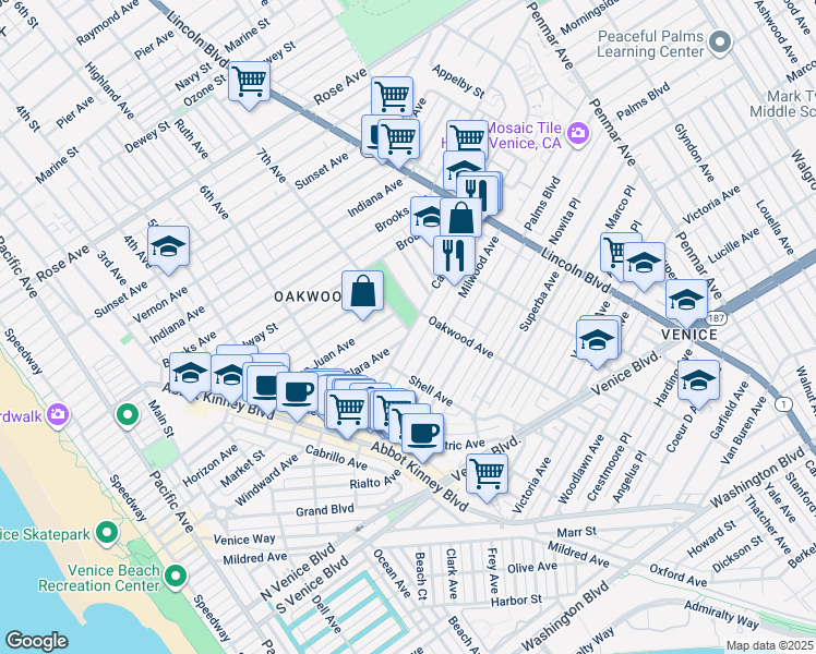 map of restaurants, bars, coffee shops, grocery stores, and more near 1215 7th Avenue in Los Angeles