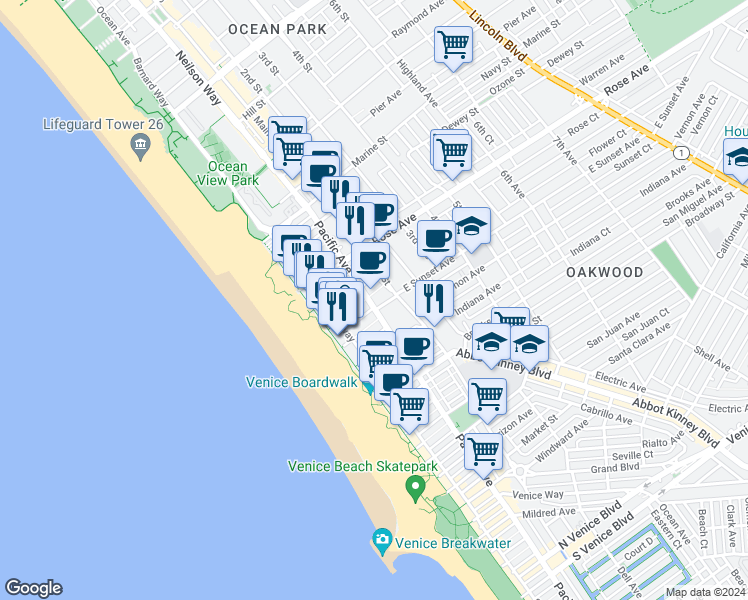 map of restaurants, bars, coffee shops, grocery stores, and more near 105 Paloma Avenue in Los Angeles