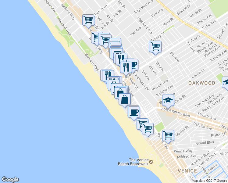 map of restaurants, bars, coffee shops, grocery stores, and more near 300 Ocean Front Walk in Los Angeles