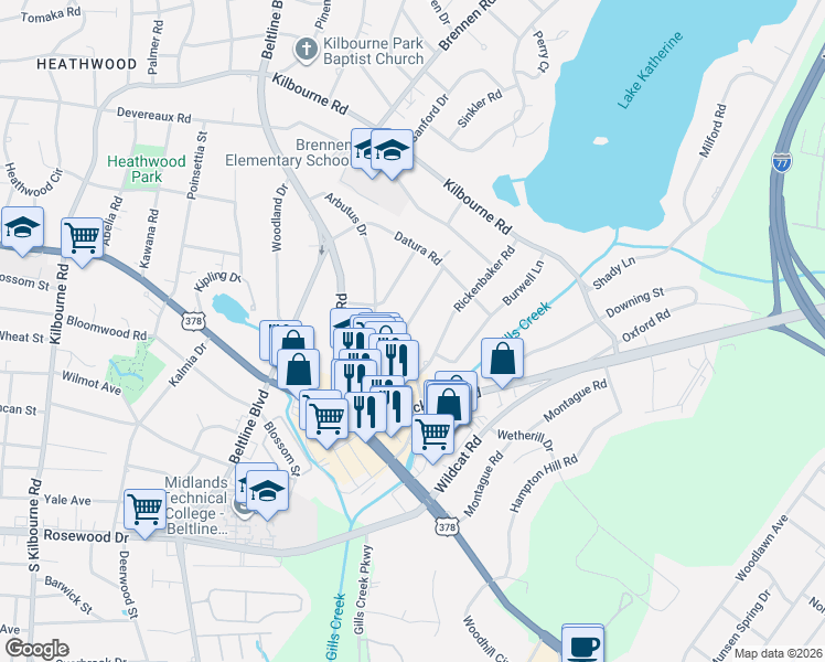 map of restaurants, bars, coffee shops, grocery stores, and more near 703 Buckingham Road in Columbia