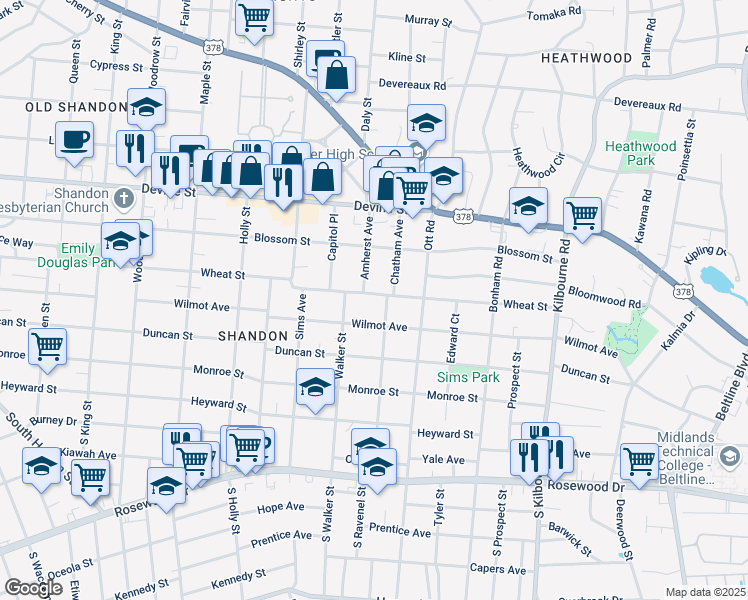 map of restaurants, bars, coffee shops, grocery stores, and more near 3226 Wheat Street in Columbia