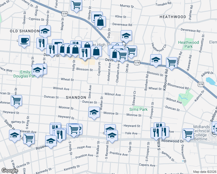 map of restaurants, bars, coffee shops, grocery stores, and more near 3226 Wheat Street in Columbia