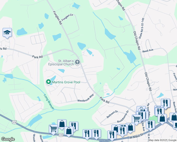 map of restaurants, bars, coffee shops, grocery stores, and more near 106 Palm Court in Lexington