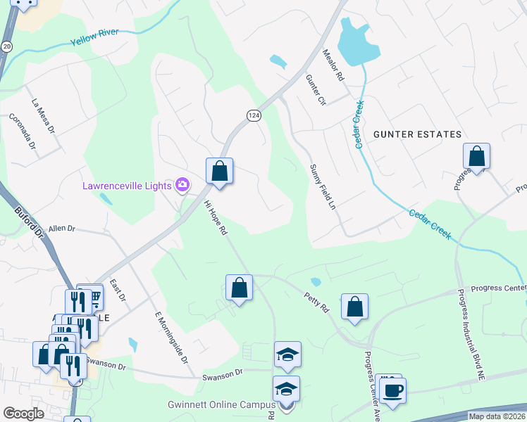 map of restaurants, bars, coffee shops, grocery stores, and more near 936 Pinbrook Drive in Lawrenceville