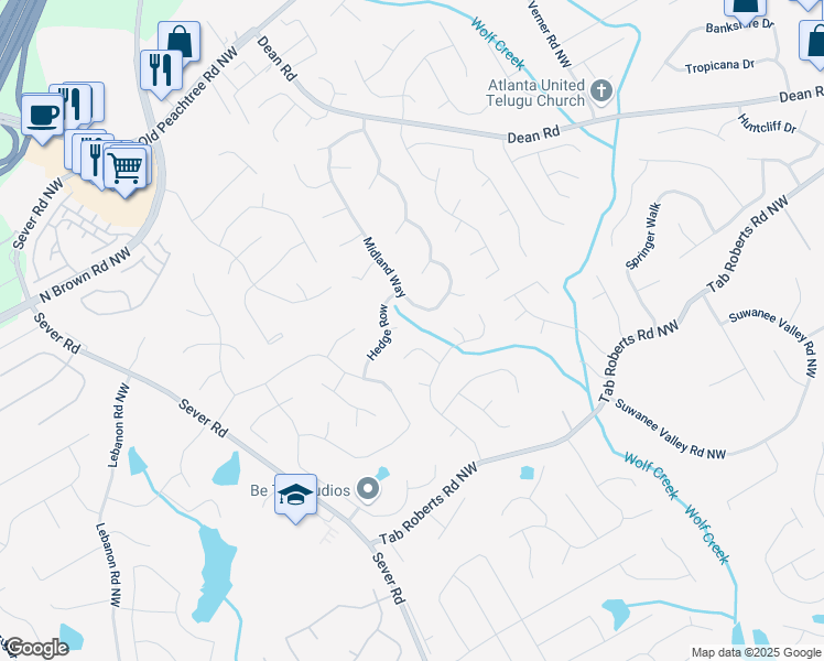 map of restaurants, bars, coffee shops, grocery stores, and more near 1174 Hurst Park Ct in Lawrenceville