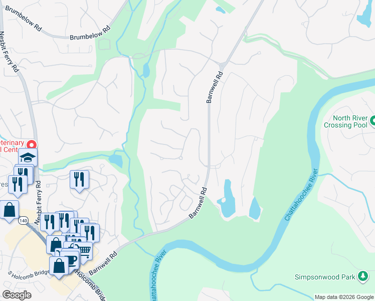 map of restaurants, bars, coffee shops, grocery stores, and more near 130 Fairway Ridge Drive in Alpharetta