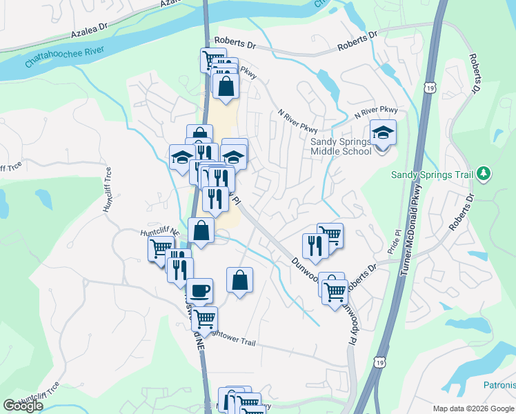 map of restaurants, bars, coffee shops, grocery stores, and more near 125 North River Drive in Sandy Springs