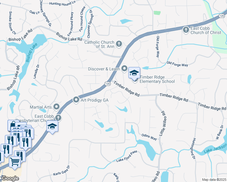 map of restaurants, bars, coffee shops, grocery stores, and more near 1850 Mallard Lake Drive in Marietta