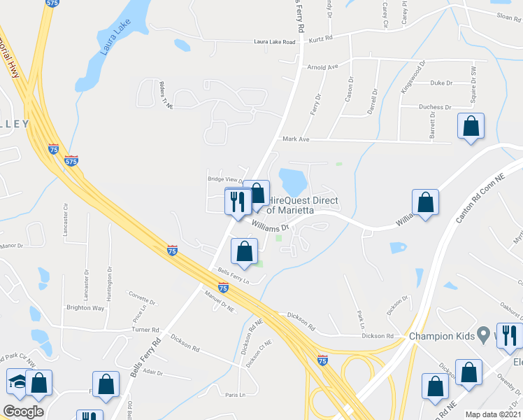 map of restaurants, bars, coffee shops, grocery stores, and more near 502 Harbor Lake Court in Marietta