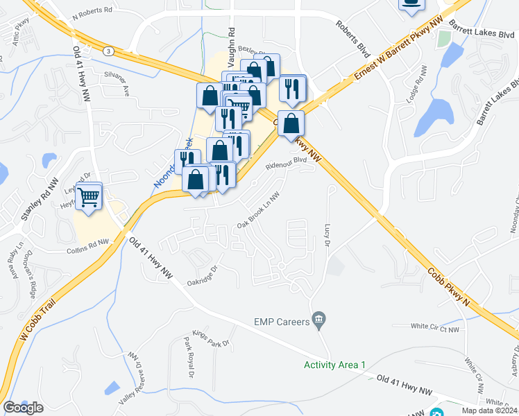 map of restaurants, bars, coffee shops, grocery stores, and more near 1775 Willow Branch Lane in Kennesaw