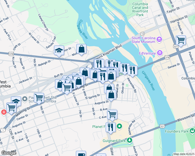 map of restaurants, bars, coffee shops, grocery stores, and more near 450 Meeting Street in West Columbia