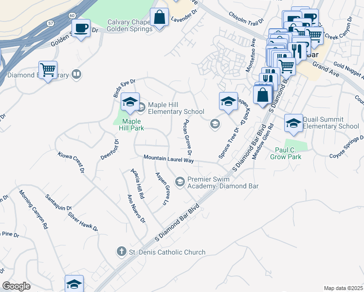 map of restaurants, bars, coffee shops, grocery stores, and more near 22615 Hickory Nut Lane in Diamond Bar