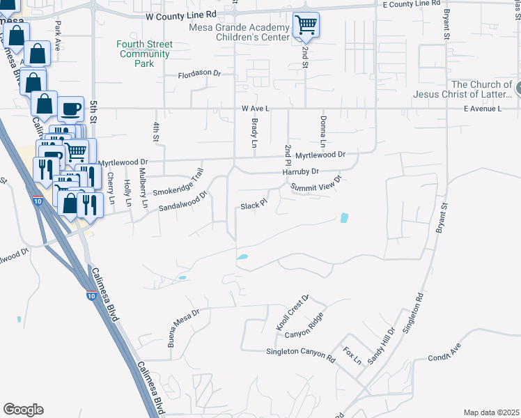 map of restaurants, bars, coffee shops, grocery stores, and more near 1235 Ruby Court in Calimesa