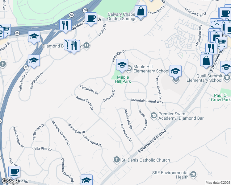 map of restaurants, bars, coffee shops, grocery stores, and more near 22221 Croll Court in Diamond Bar