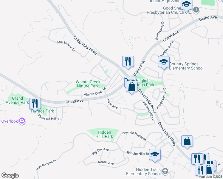 map of restaurants, bars, coffee shops, grocery stores, and more near 2049 Lakeshore Drive in Chino Hills