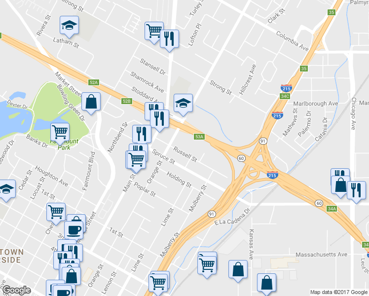 map of restaurants, bars, coffee shops, grocery stores, and more near 3515 Russell Street in Riverside