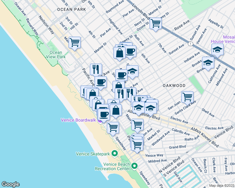 map of restaurants, bars, coffee shops, grocery stores, and more near 295 Vernon Avenue in Los Angeles