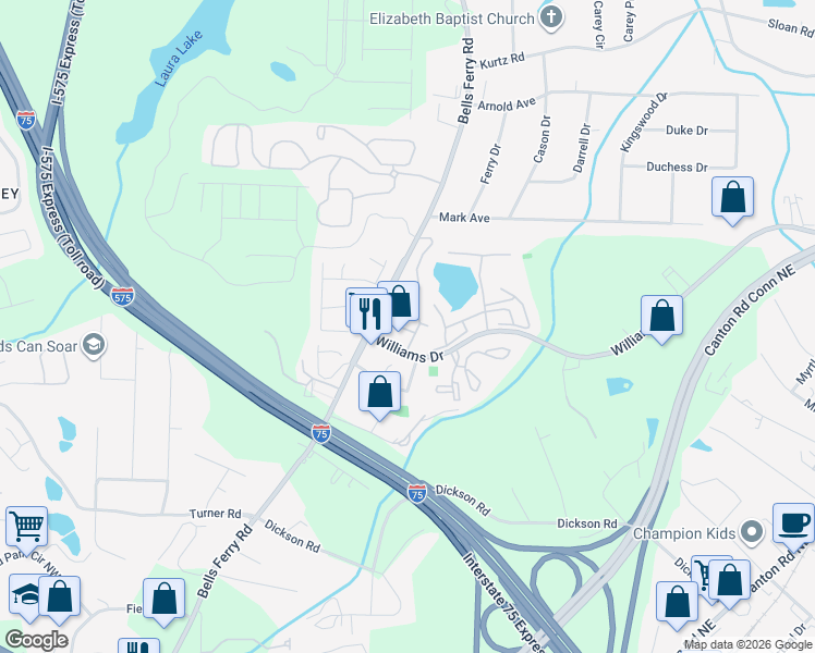 map of restaurants, bars, coffee shops, grocery stores, and more near 502 Harbor Lake Court in Marietta