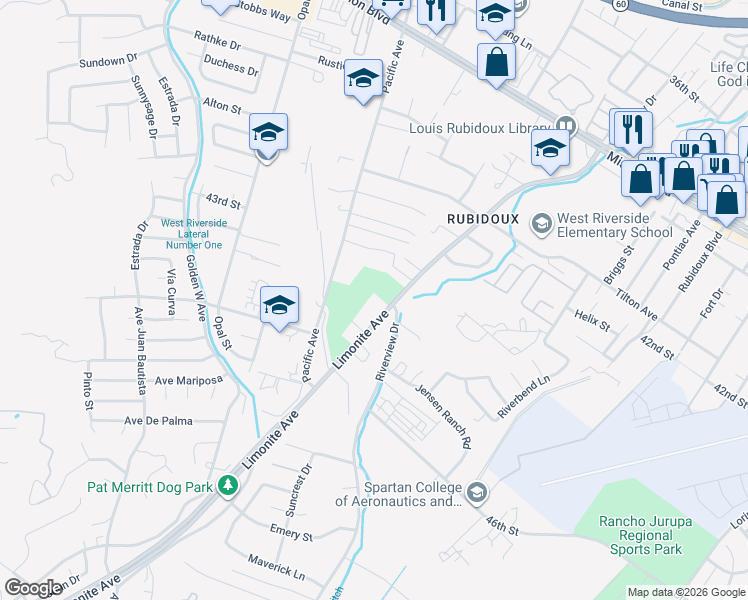 map of restaurants, bars, coffee shops, grocery stores, and more near 5887 Limonite Avenue in Riverside