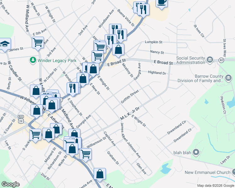 map of restaurants, bars, coffee shops, grocery stores, and more near 243 Georgia Avenue in Winder