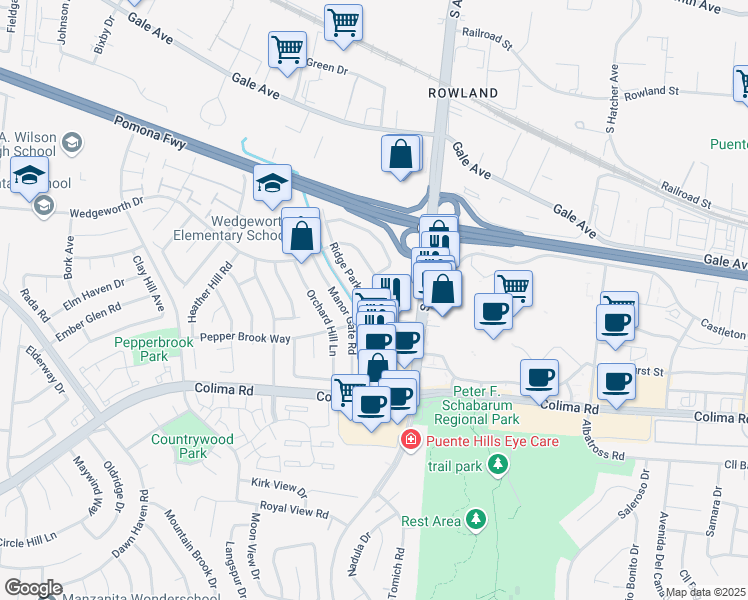 map of restaurants, bars, coffee shops, grocery stores, and more near 17111 Ridge Park Drive in Hacienda Heights