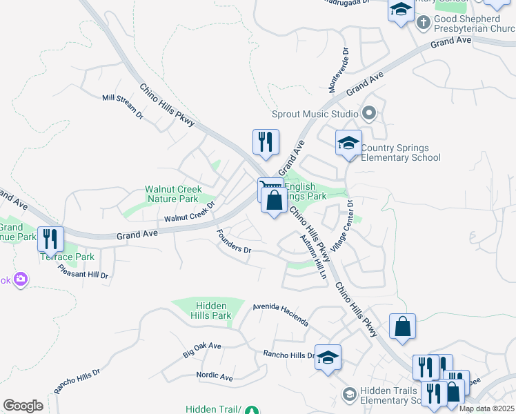 map of restaurants, bars, coffee shops, grocery stores, and more near 14230 Chino Hills Parkway in Chino Hills