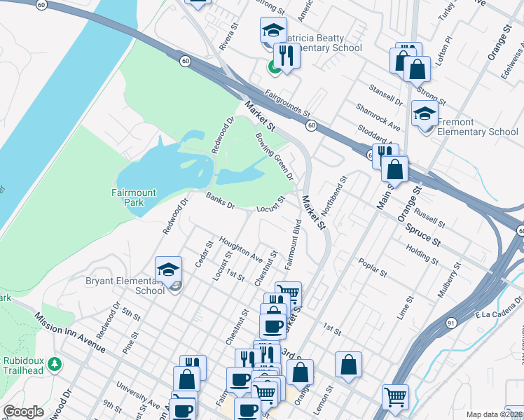 map of restaurants, bars, coffee shops, grocery stores, and more near 2700 Locust Street in Riverside