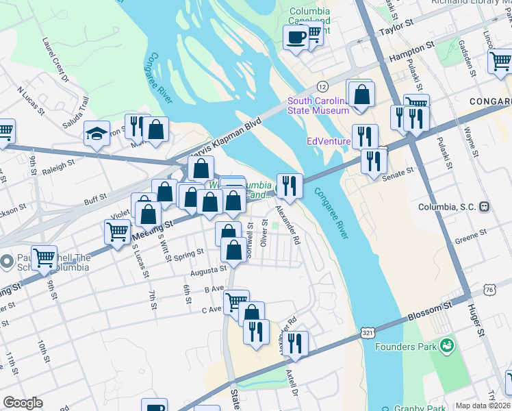 map of restaurants, bars, coffee shops, grocery stores, and more near 127 State Street in West Columbia