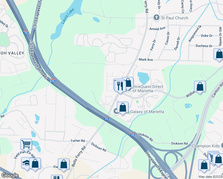 map of restaurants, bars, coffee shops, grocery stores, and more near 1704 Barrington Overlook in Marietta