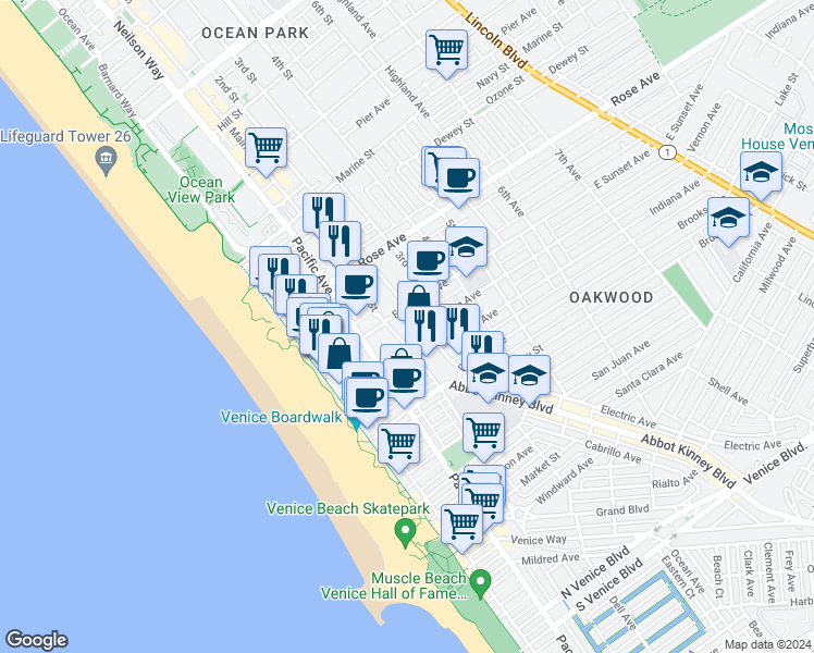 map of restaurants, bars, coffee shops, grocery stores, and more near 615 Hampton Drive in Los Angeles