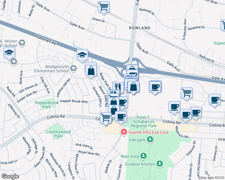map of restaurants, bars, coffee shops, grocery stores, and more near 17111 Ridge Park Drive in Hacienda Heights