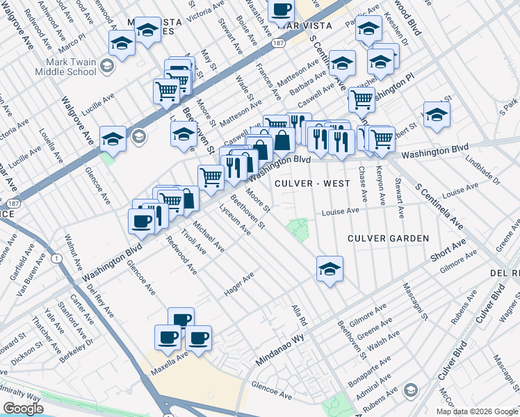 map of restaurants, bars, coffee shops, grocery stores, and more near 4042 Beethoven Street in Los Angeles