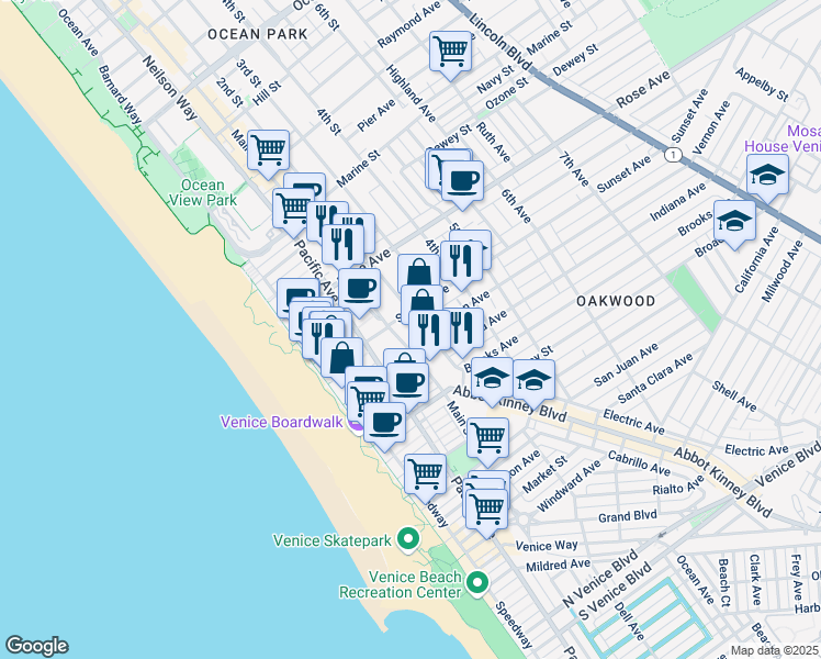 map of restaurants, bars, coffee shops, grocery stores, and more near 615 Hampton Drive in Los Angeles