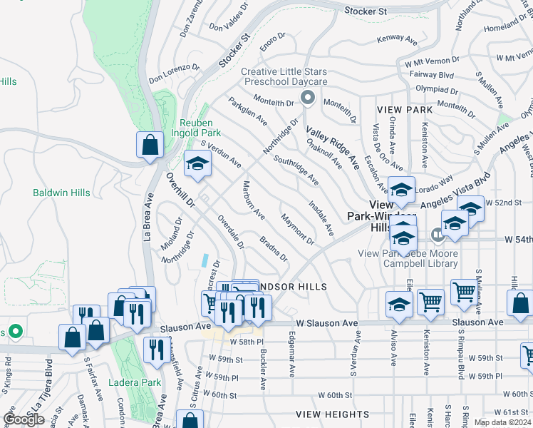 map of restaurants, bars, coffee shops, grocery stores, and more near 5216 Marburn Avenue in View Park-Windsor Hills
